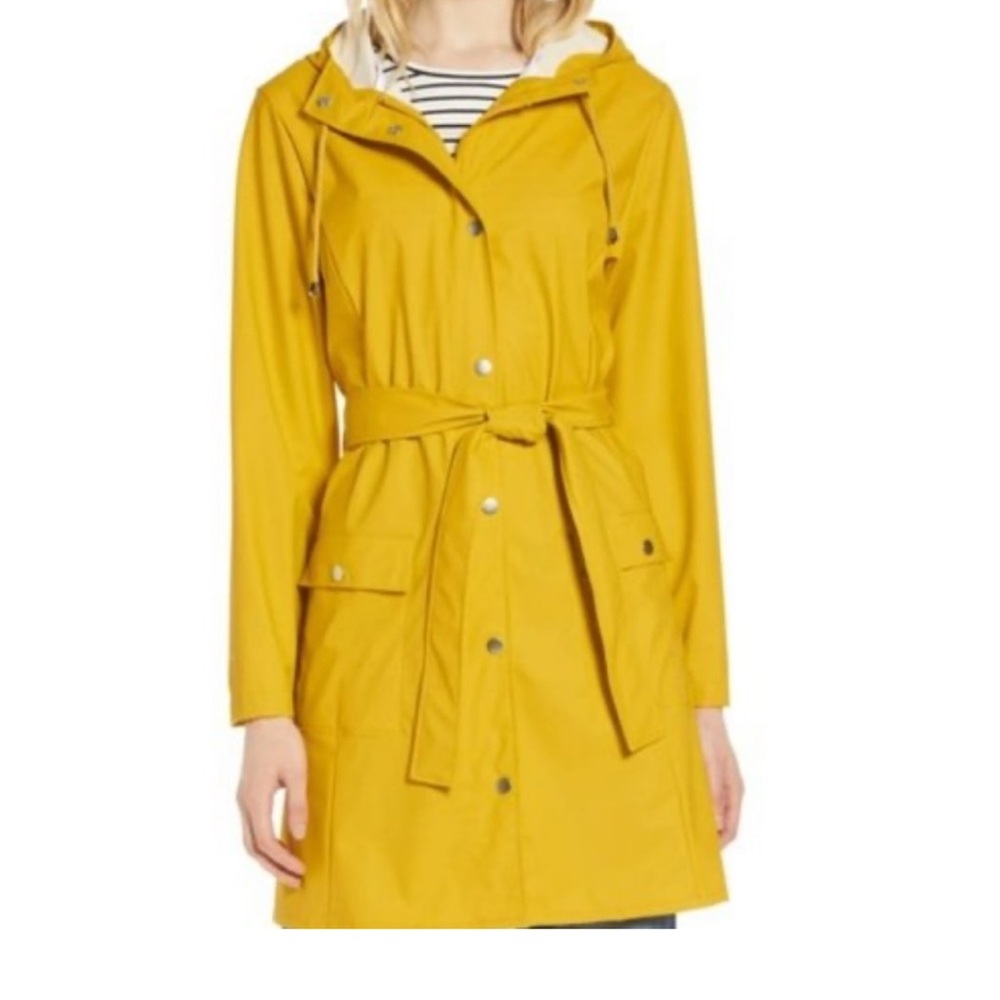 Halogen Yellow Hooded Rain Coat with Tie Women Size XS